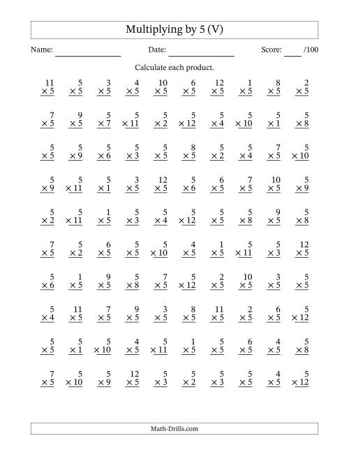 The Multiplying (1 to 12) by 5 (100 Questions) (V) Math Worksheet