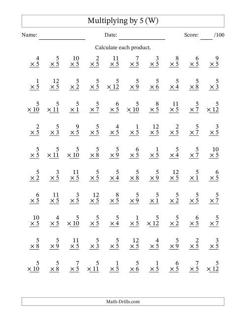 The Multiplying (1 to 12) by 5 (100 Questions) (W) Math Worksheet