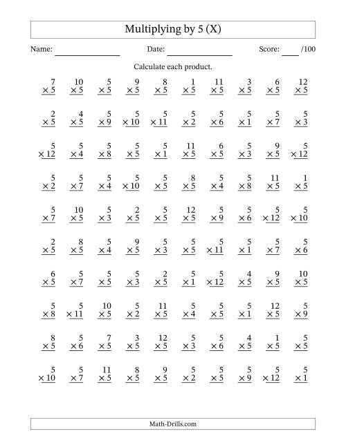 The Multiplying (1 to 12) by 5 (100 Questions) (X) Math Worksheet