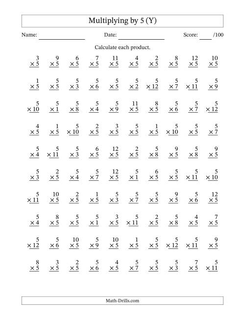 The Multiplying (1 to 12) by 5 (100 Questions) (Y) Math Worksheet