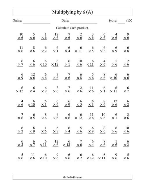 multiplying 1 to 12 by 6 100 questions a