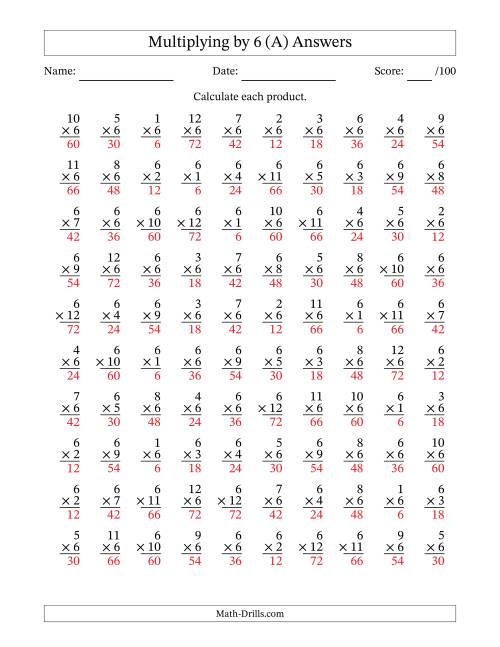 The Multiplying (1 to 12) by 6 (100 Questions) (A) Math Worksheet Page 2