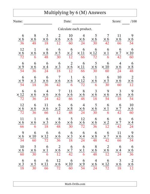 The Multiplying (1 to 12) by 6 (100 Questions) (M) Math Worksheet Page 2