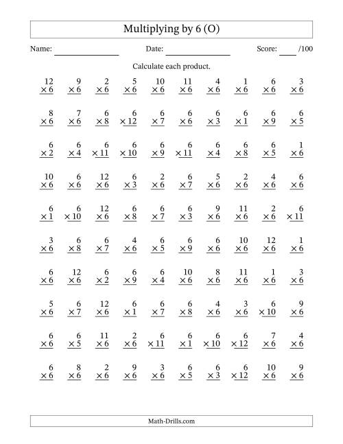 The Multiplying (1 to 12) by 6 (100 Questions) (O) Math Worksheet
