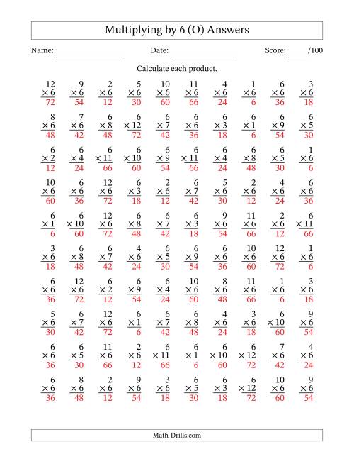 The Multiplying (1 to 12) by 6 (100 Questions) (O) Math Worksheet Page 2
