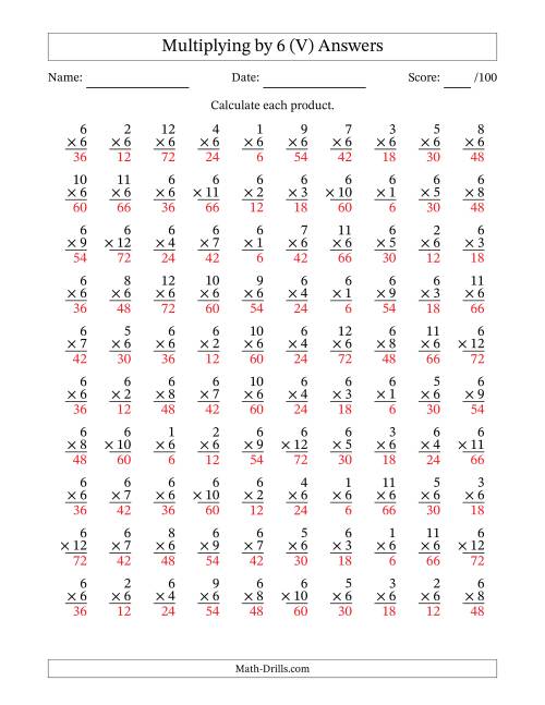 The Multiplying (1 to 12) by 6 (100 Questions) (V) Math Worksheet Page 2