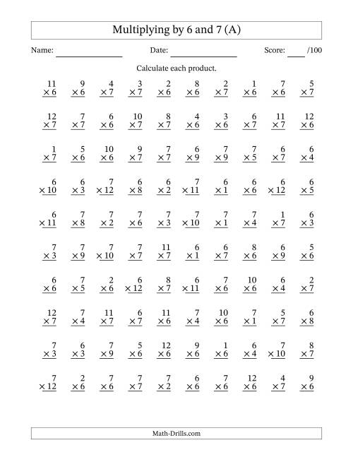 Multiplying 1 to 12 by 6 and 7 (A) Multiplication Worksheet