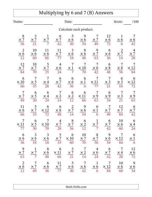 The Multiplying (1 to 12) by 6 and 7 (100 Questions) (B) Math Worksheet Page 2