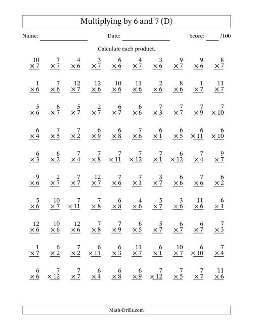 The Multiplying (1 to 12) by 6 and 7 (100 Questions) (D) Math Worksheet