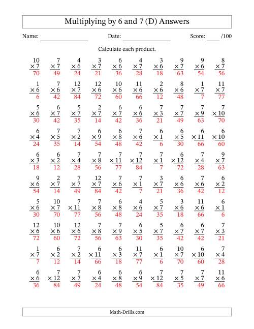 The Multiplying (1 to 12) by 6 and 7 (100 Questions) (D) Math Worksheet Page 2