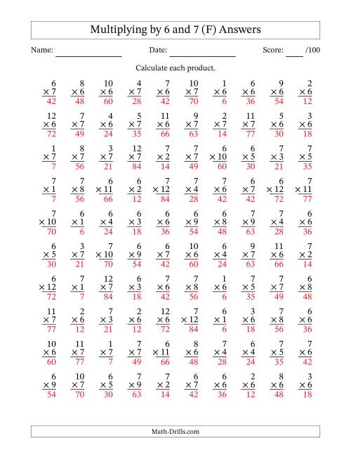 The Multiplying (1 to 12) by 6 and 7 (100 Questions) (F) Math Worksheet Page 2