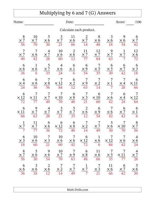 The Multiplying (1 to 12) by 6 and 7 (100 Questions) (G) Math Worksheet Page 2