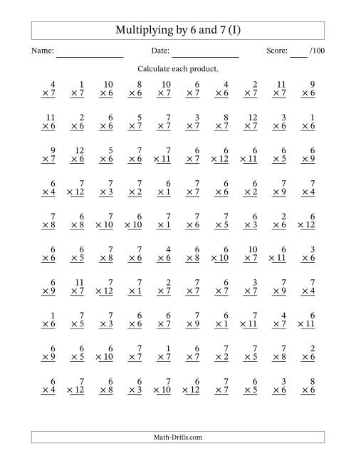 The Multiplying (1 to 12) by 6 and 7 (100 Questions) (I) Math Worksheet