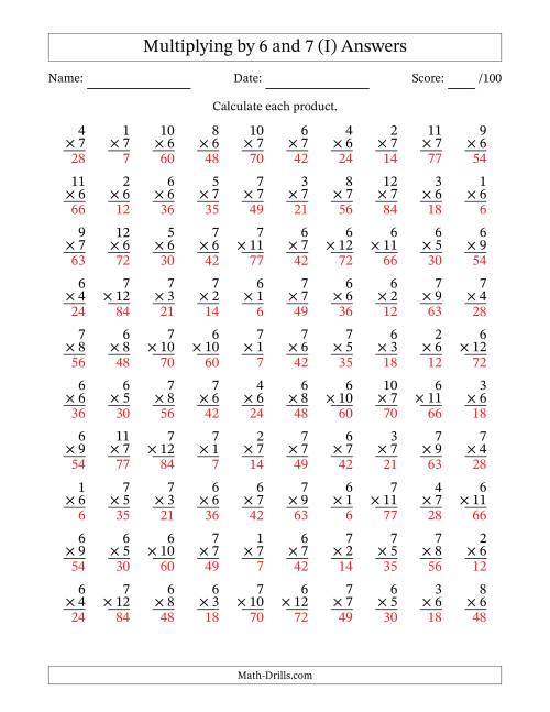 The Multiplying (1 to 12) by 6 and 7 (100 Questions) (I) Math Worksheet Page 2