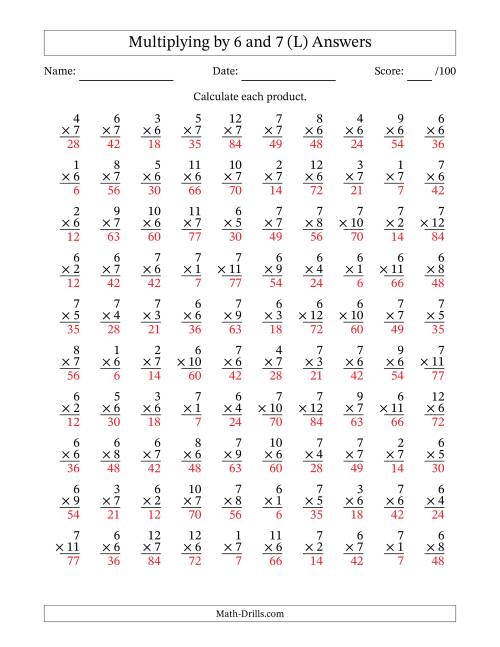 The Multiplying (1 to 12) by 6 and 7 (100 Questions) (L) Math Worksheet Page 2