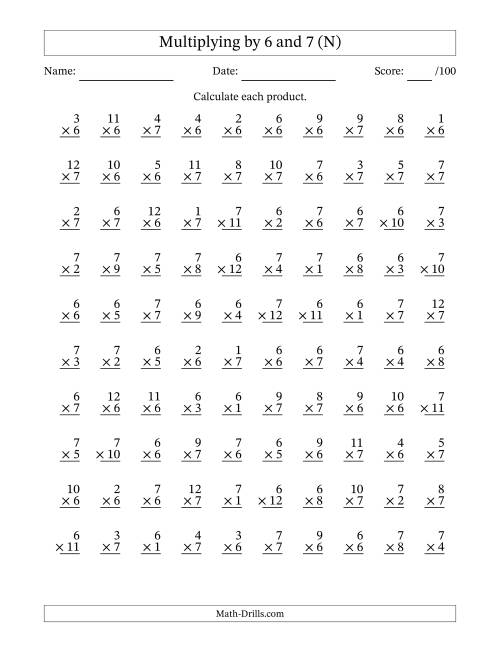 The Multiplying (1 to 12) by 6 and 7 (100 Questions) (N) Math Worksheet
