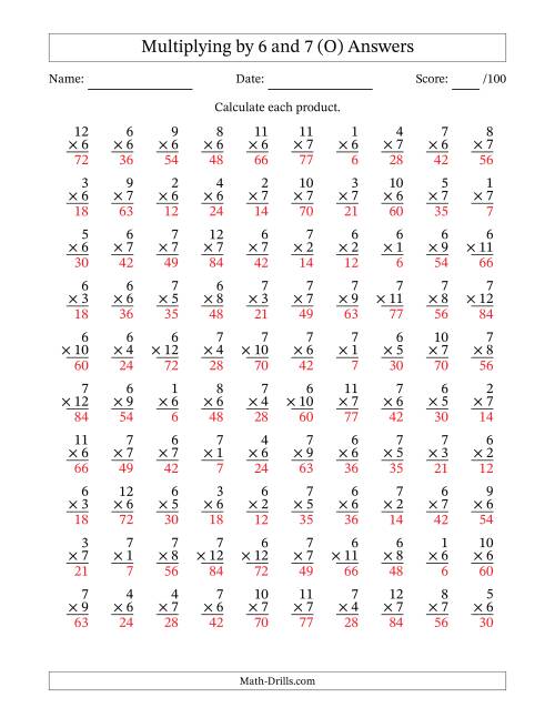 The Multiplying (1 to 12) by 6 and 7 (100 Questions) (O) Math Worksheet Page 2