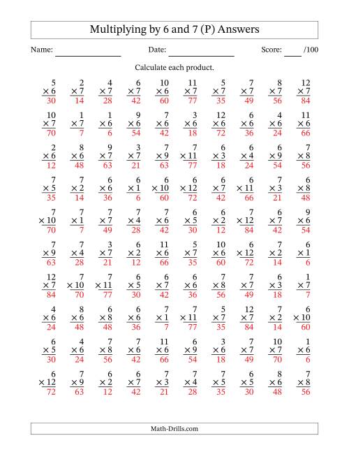 The Multiplying (1 to 12) by 6 and 7 (100 Questions) (P) Math Worksheet Page 2