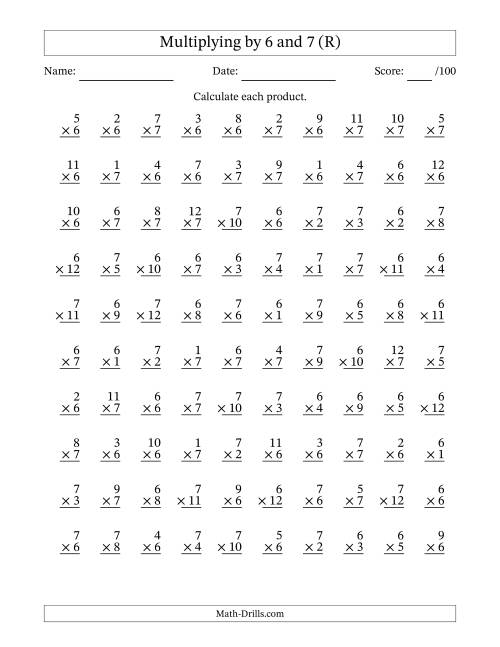 The Multiplying (1 to 12) by 6 and 7 (100 Questions) (R) Math Worksheet