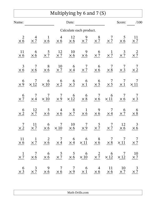 The Multiplying (1 to 12) by 6 and 7 (100 Questions) (S) Math Worksheet