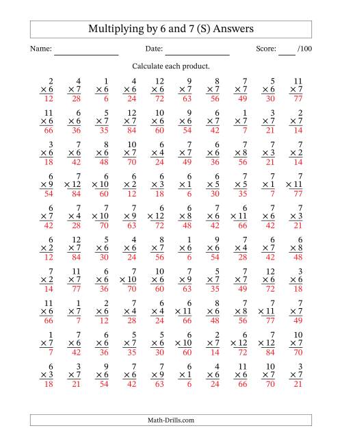 The Multiplying (1 to 12) by 6 and 7 (100 Questions) (S) Math Worksheet Page 2