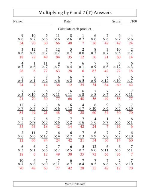 The Multiplying (1 to 12) by 6 and 7 (100 Questions) (T) Math Worksheet Page 2
