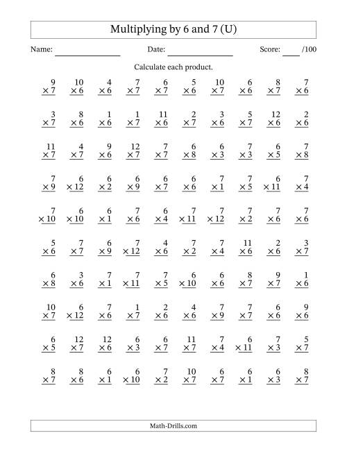 The Multiplying (1 to 12) by 6 and 7 (100 Questions) (U) Math Worksheet