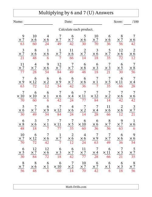 The Multiplying (1 to 12) by 6 and 7 (100 Questions) (U) Math Worksheet Page 2