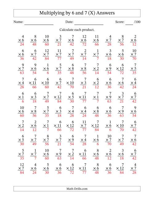 The Multiplying (1 to 12) by 6 and 7 (100 Questions) (X) Math Worksheet Page 2