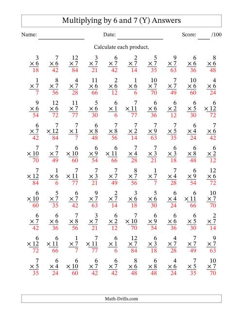 The Multiplying (1 to 12) by 6 and 7 (100 Questions) (Y) Math Worksheet Page 2