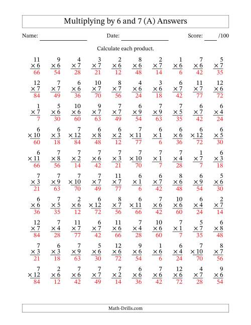 The Multiplying (1 to 12) by 6 and 7 (100 Questions) (All) Math Worksheet Page 2