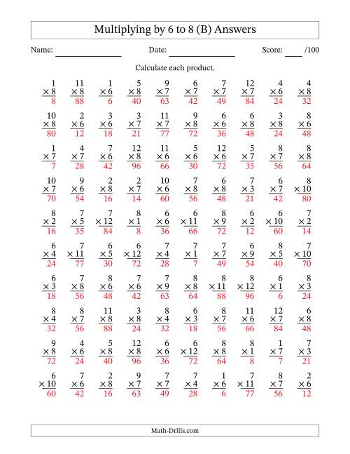 The Multiplying (1 to 12) by 6 to 8 (100 Questions) (B) Math Worksheet Page 2