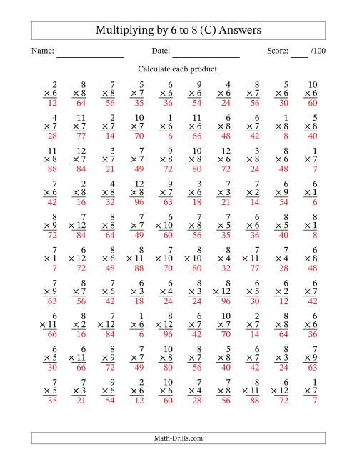 The Multiplying (1 to 12) by 6 to 8 (100 Questions) (C) Math Worksheet Page 2