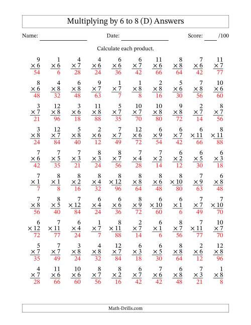 The Multiplying (1 to 12) by 6 to 8 (100 Questions) (D) Math Worksheet Page 2
