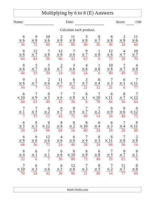 The Multiplying (1 to 12) by 6 to 8 (100 Questions) (E) Math Worksheet Page 2