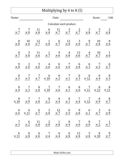 The Multiplying (1 to 12) by 6 to 8 (100 Questions) (I) Math Worksheet