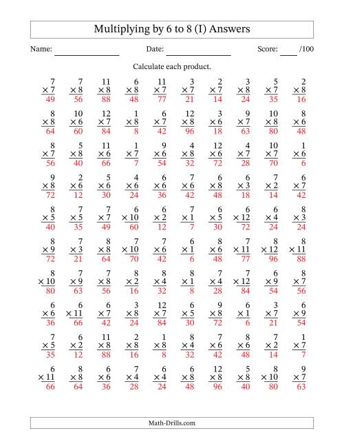 The Multiplying (1 to 12) by 6 to 8 (100 Questions) (I) Math Worksheet Page 2