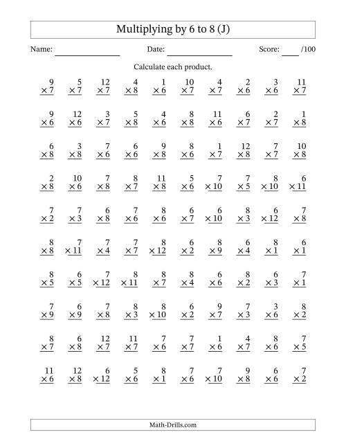 The Multiplying (1 to 12) by 6 to 8 (100 Questions) (J) Math Worksheet