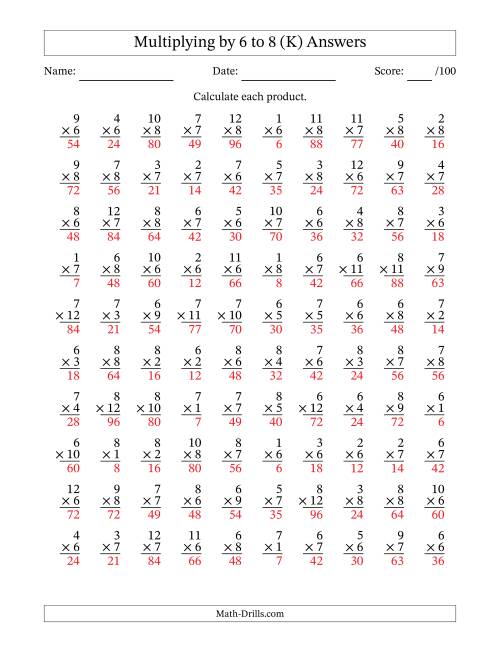 The Multiplying (1 to 12) by 6 to 8 (100 Questions) (K) Math Worksheet Page 2