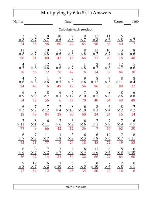 The Multiplying (1 to 12) by 6 to 8 (100 Questions) (L) Math Worksheet Page 2