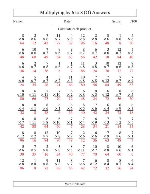 The Multiplying (1 to 12) by 6 to 8 (100 Questions) (O) Math Worksheet Page 2