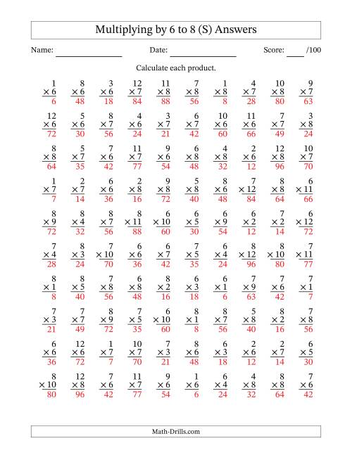 The Multiplying (1 to 12) by 6 to 8 (100 Questions) (S) Math Worksheet Page 2