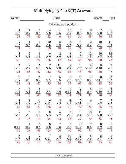 The Multiplying (1 to 12) by 6 to 8 (100 Questions) (T) Math Worksheet Page 2