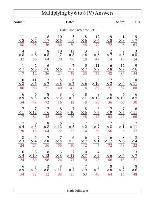 The Multiplying (1 to 12) by 6 to 8 (100 Questions) (V) Math Worksheet Page 2