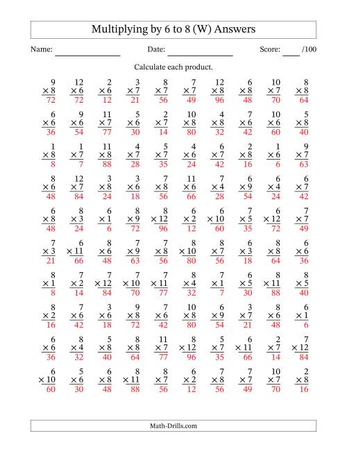 The Multiplying (1 to 12) by 6 to 8 (100 Questions) (W) Math Worksheet Page 2
