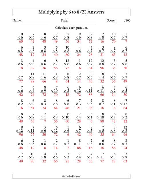 The Multiplying (1 to 12) by 6 to 8 (100 Questions) (Z) Math Worksheet Page 2