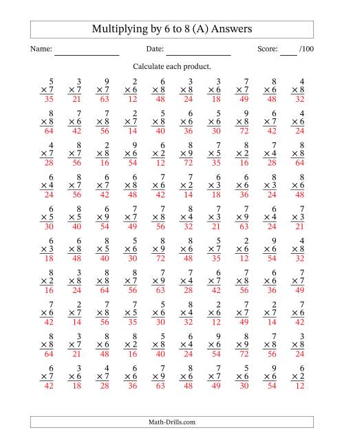 The Multiplying (2 to 9) by 6 to 8 (100 Questions) (A) Math Worksheet Page 2