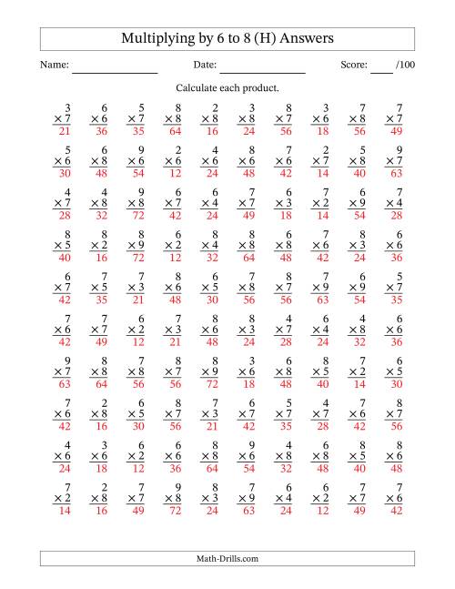 The Multiplying (2 to 9) by 6 to 8 (100 Questions) (H) Math Worksheet Page 2