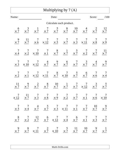 multiplying 1 to 12 by 7 100 questions a