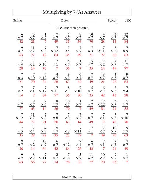 The Multiplying (1 to 12) by 7 (100 Questions) (A) Math Worksheet Page 2